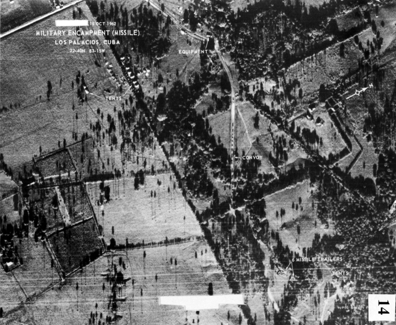A U-2 aerial reconnaissance photograph of a Soviet missile site under construction in Cuba, 1962.